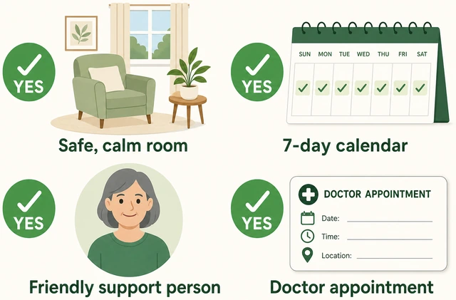 Illustration: safe calm environment seven day calendar support person doctor card