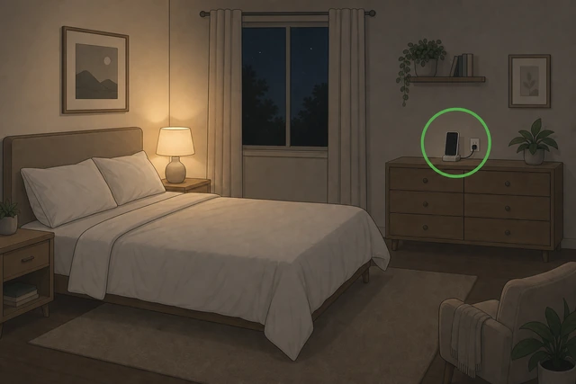 Bedroom with dim lamp and phone on charger across the room
