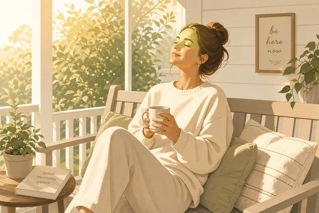 Person sitting on porch with morning sun on face