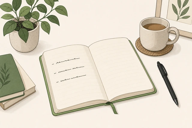 Notebook open with three short gratitude lines written