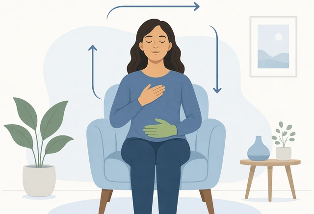 Person sitting with hand on belly doing slow breathing