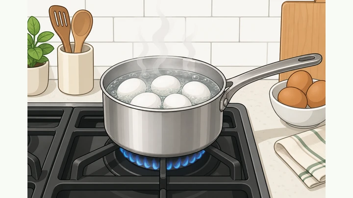 Illustration: saucepan with eggs boiling on kitchen stove, steam rising