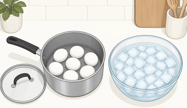 Illustration: eggs in single layer pot with lid and ice bowl nearby