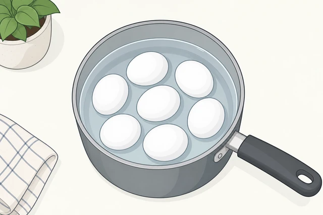 Illustration: white eggs in single layer in saucepan covered with cold water one inch above