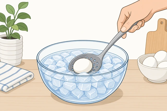 Illustration: slotted spoon lowering eggs into bowl of ice water