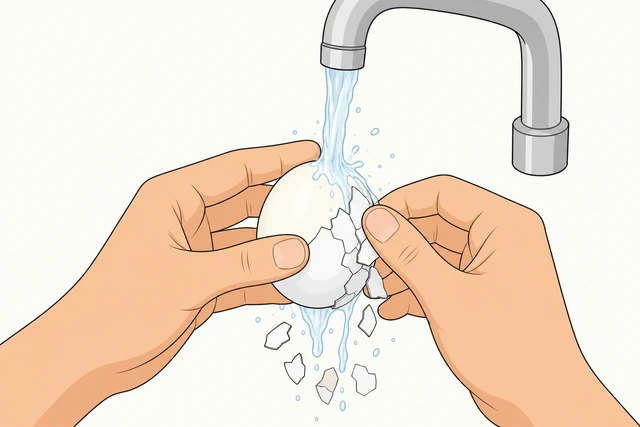 Illustration: hands peeling hard boiled egg under kitchen faucet running water