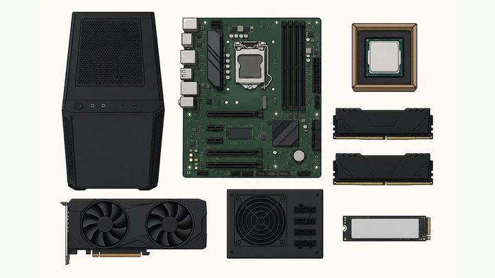 Illustration: desktop PC parts laid out — mid-tower case, motherboard, CPU, RAM sticks, GPU, and PSU