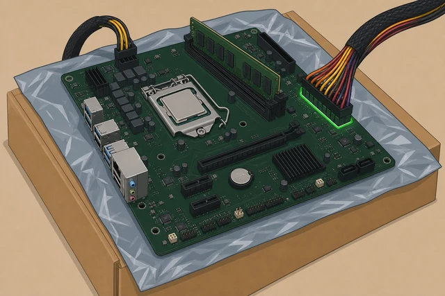Illustration: motherboard on box with minimal parts connected for breadboard test