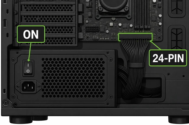 Illustration: PSU rear switch on and 24-pin ATX cable fully seated