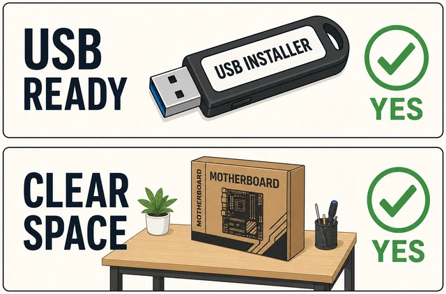 Illustration: USB installer drive ready yes, clear workspace on table yes