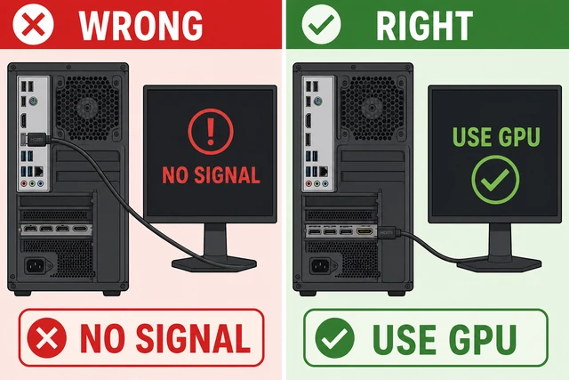 Illustration: WRONG monitor cable in motherboard HDMI vs RIGHT cable in GPU port