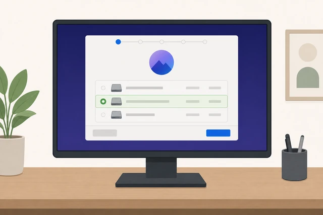 Illustration: monitor showing OS installer with NVMe drive selected