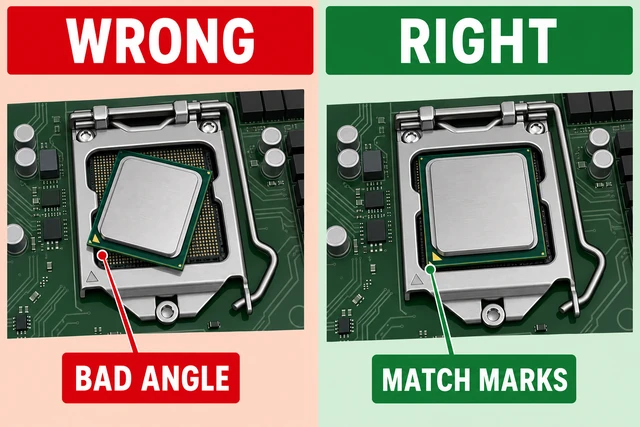 Illustration: WRONG CPU triangle misaligned vs RIGHT triangle aligned in socket
