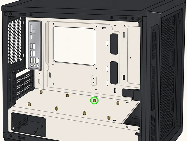 Illustration: I/O shield snapped in case rear and brass standoffs installed