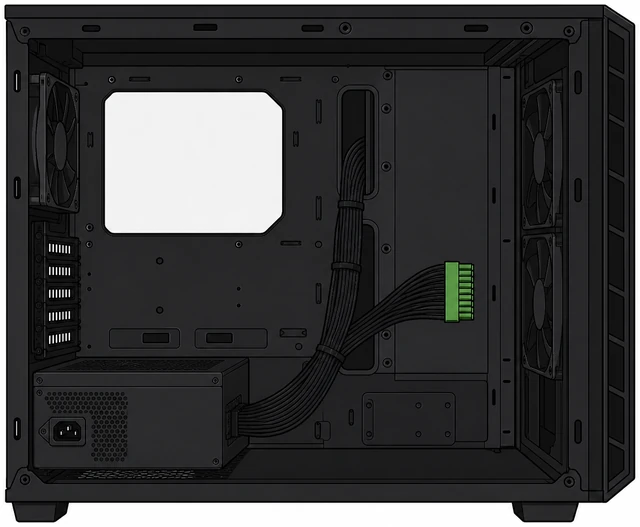 Illustration: modular PSU mounted at case bottom with cables routed behind tray