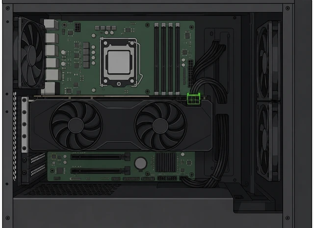 Illustration: graphics card seated in top PCIe slot with bracket screwed and power connected