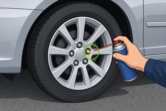 Illustration: penetrating oil spray on lug nut threads at roadside