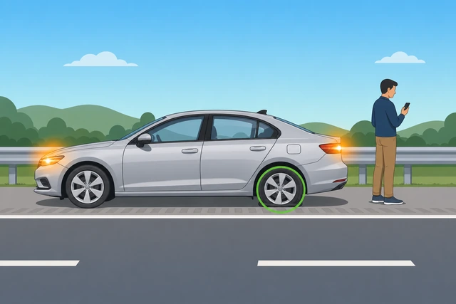 Illustration: hazard lights on car parked on shoulder with flat tire visible