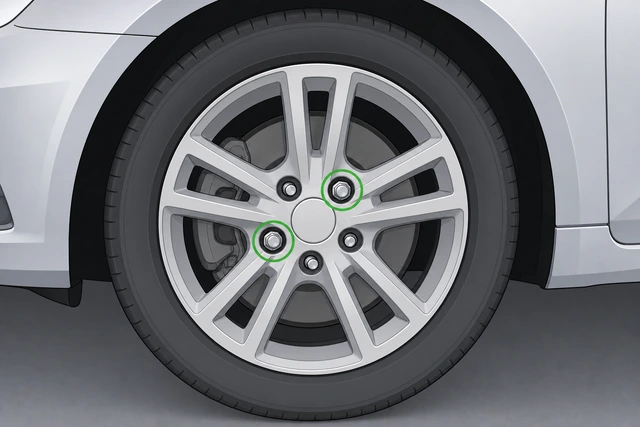 Illustration: two lug nuts loosely threaded on studs while wheel still mounted