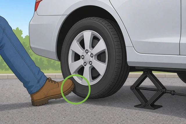 Illustration: foot kicking tire sidewall inward while hands pull wheel at nine and three