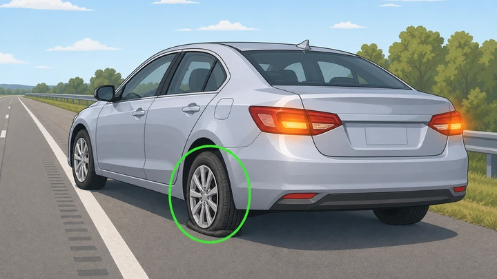 Illustration: silver sedan on shoulder with flat tire and hazard flashers
