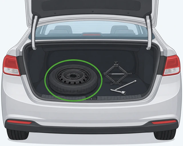 Illustration: stow flat tire, jack, and wrench in the trunk.