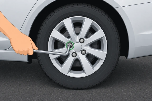 Illustration: loosen each lug nut half a turn — tire still on the ground.
