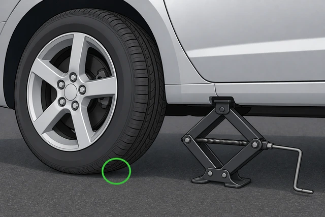 Illustration: jack up until the flat tire clears the ground about one inch.