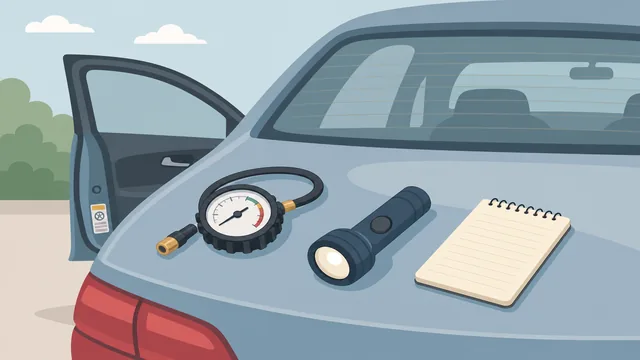 A tire gauge, driver-door pressure label, and car parked on level ground