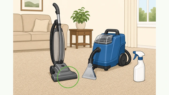 Living room carpet with vacuum, spray bottle, and extraction machine ready