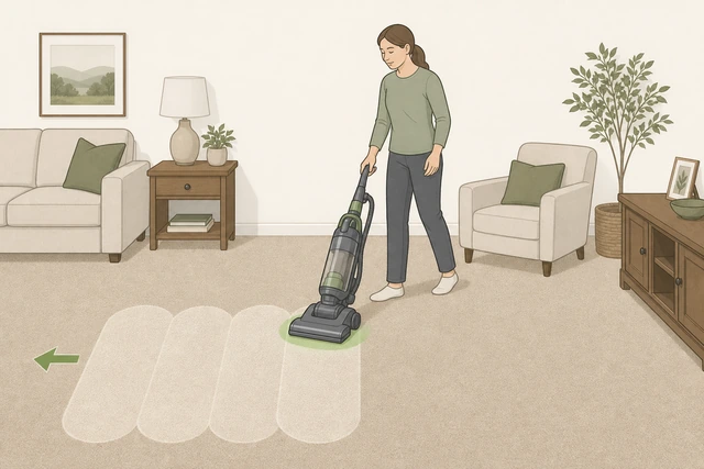 Vacuum making overlapping passes on carpet pile