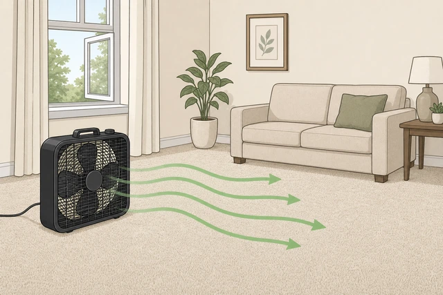 Box fan pointed across freshly cleaned carpet