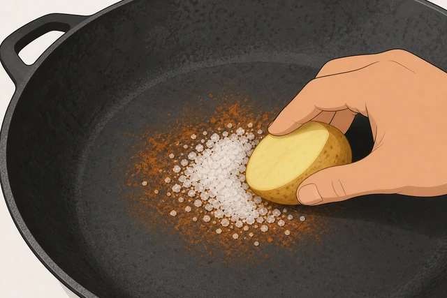 Illustration: coarse salt and potato half scrubbing rust spot on wok