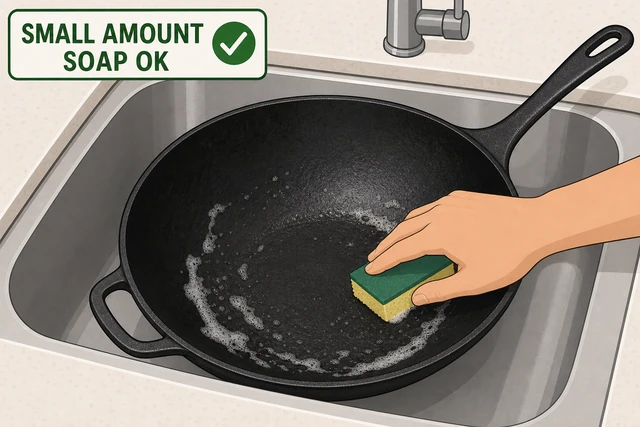 Illustration: mild dish soap suds on wok surface, not submerged in sink
