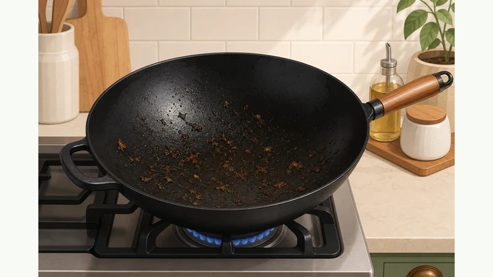 Illustration: cast iron wok with food residue after cooking on gas stove