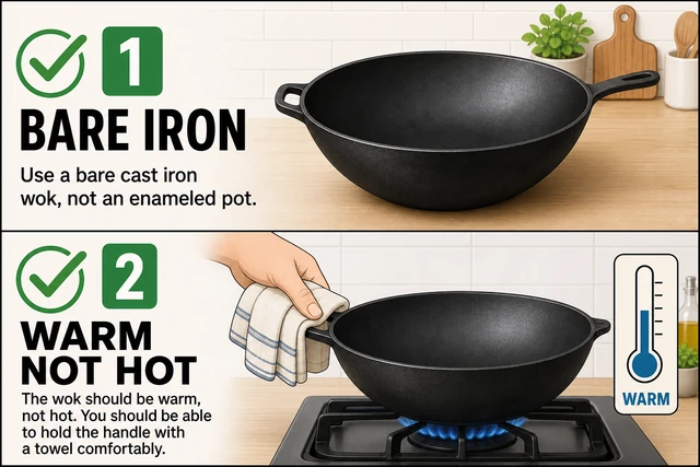 Illustration: bare cast iron wok yes, warm not scalding hot yes