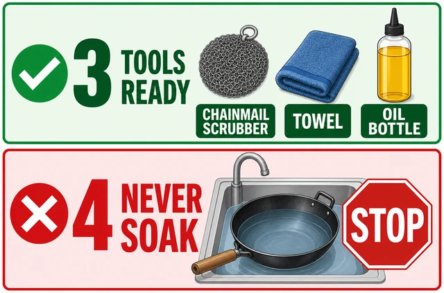 Illustration: tools ready yes, never soak overnight stop