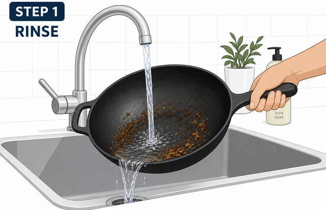 Illustration: warm water rinsing food residue from cast iron wok under faucet