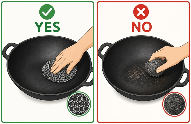 Illustration: YES chainmail scrubber vs NO steel wool on seasoned wok