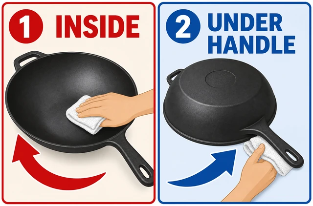 Illustration: towel drying inside cooking surface and handle underside of wok