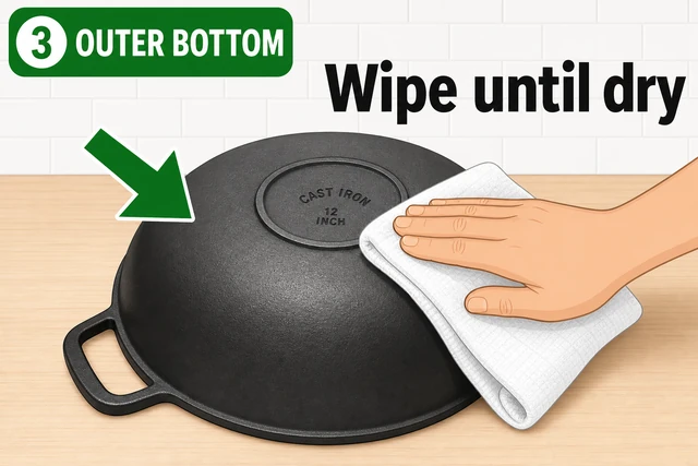 Illustration: towel drying outer bottom of cast iron wok