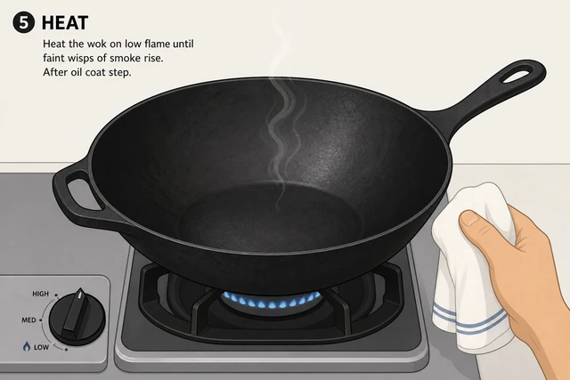 Illustration: faint smoke from cast iron wok on low gas flame