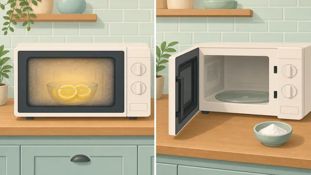Lemon steam bowl then open door with baking-soda bowl nearby