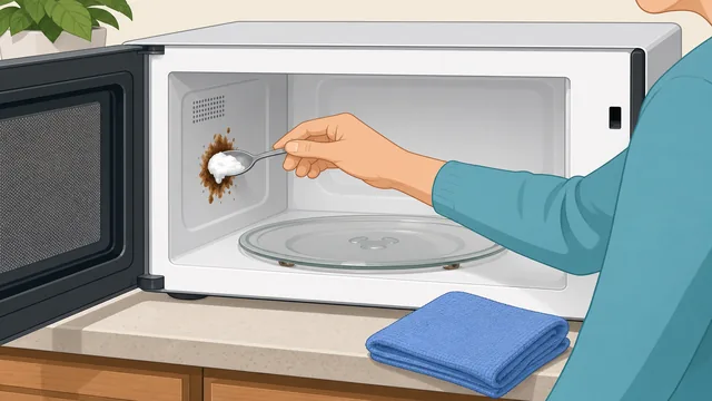 Baking soda paste dabbed on stuck food spot inside microwave