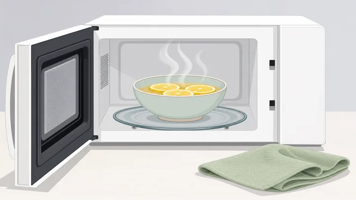 Illustration: open microwave with steaming bowl and cleaning cloth