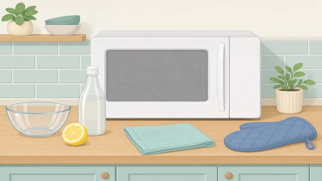 Bowl, lemon, soft cloth, and mitt beside a microwave