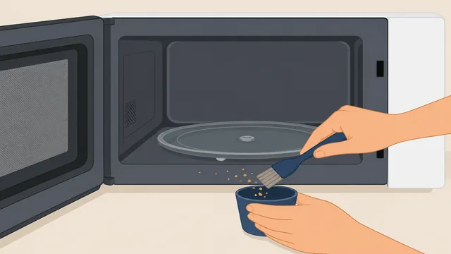 Hand brushing crumbs from empty microwave floor