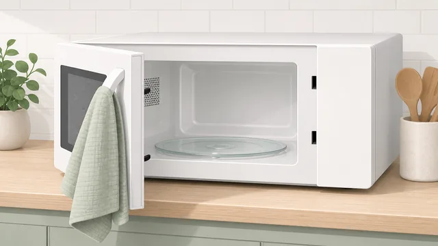 Microwave door ajar with dry towel nearby