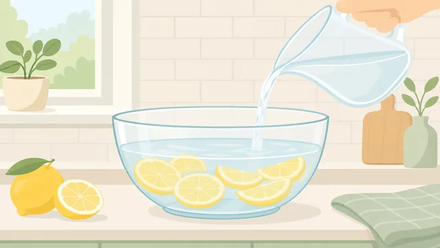 Bowl with water and lemon slices on counter