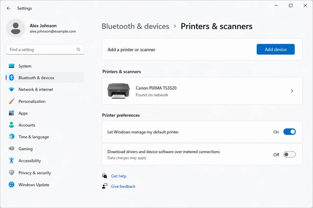Illustration: Windows 11 Add printer dialog showing Canon PIXMA on network